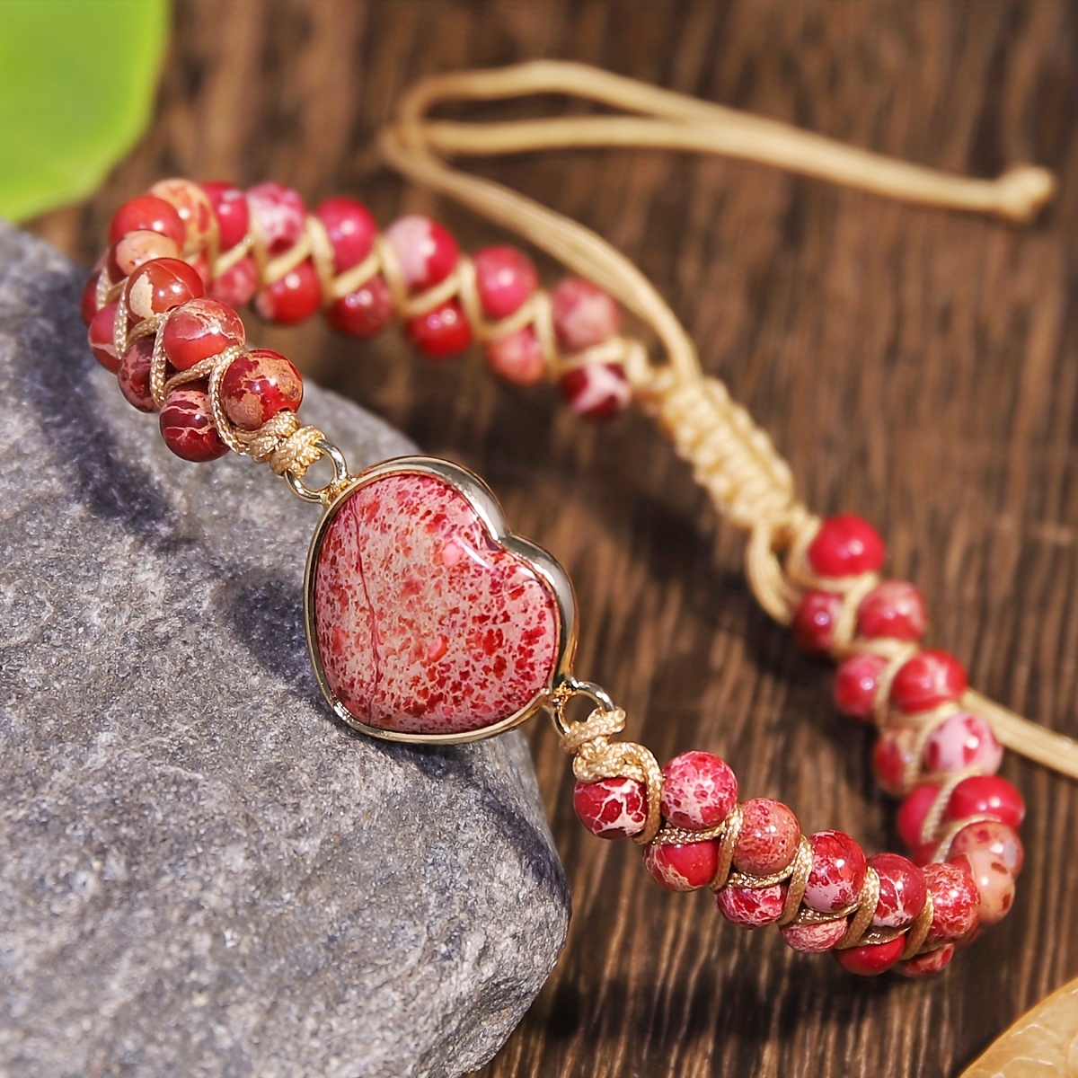 Natural Red Emperor Stone Double-Layer Braided Heart Pendant Bracelet